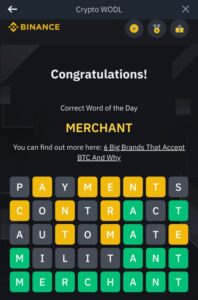 Binance 8 letter word of the day solved answer is i this image